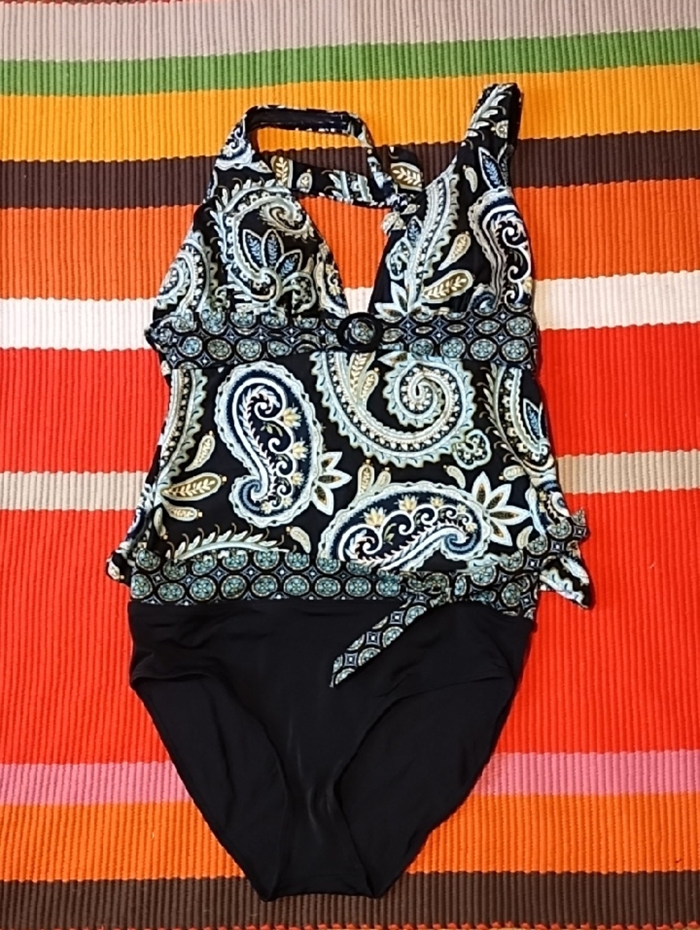 croft & barrow Black Paisley Tankini with Blue and Cream Accents VGC 14.